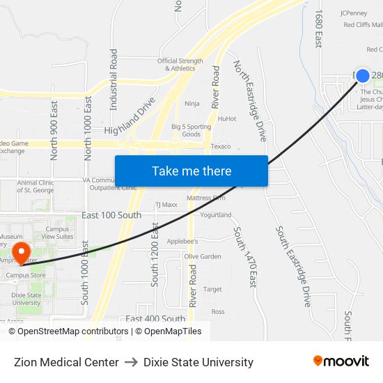 Zion Medical Center to Dixie State University map