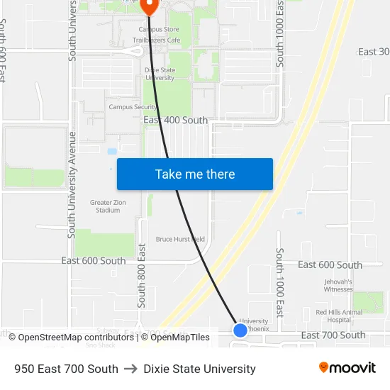 950 East 700 South to Dixie State University map