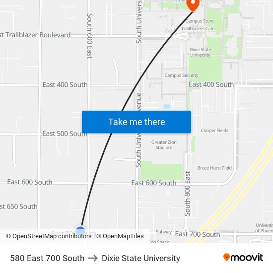 580 East 700 South to Dixie State University map