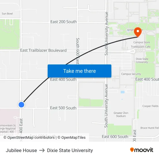 Jubilee House to Dixie State University map