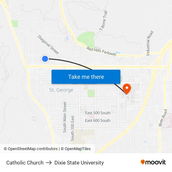 Catholic Church to Dixie State University map
