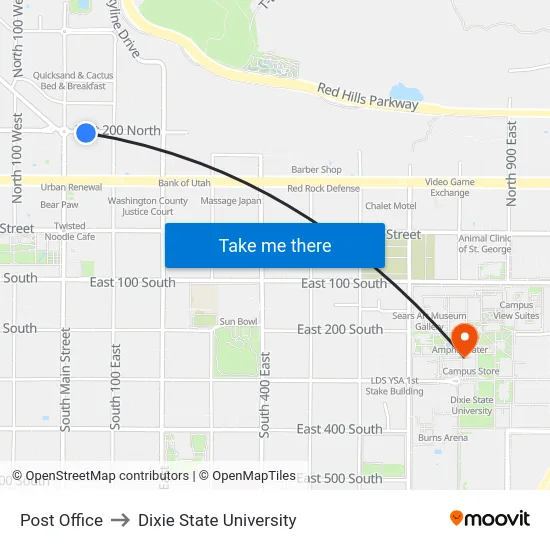 Post Office to Dixie State University map