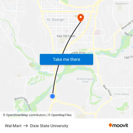 Wal-Mart to Dixie State University map