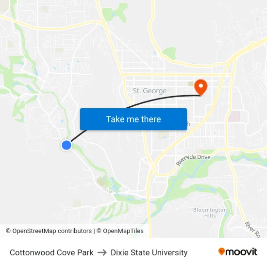Cottonwood Cove Park to Dixie State University map