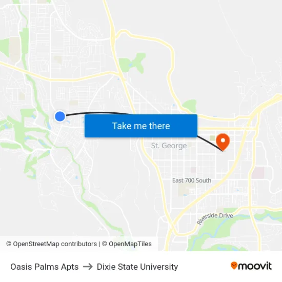 Oasis Palms Apts to Dixie State University map