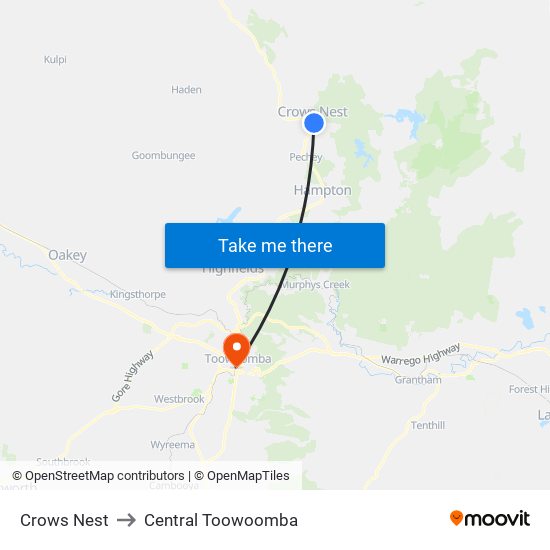 Crows Nest to Central Toowoomba map