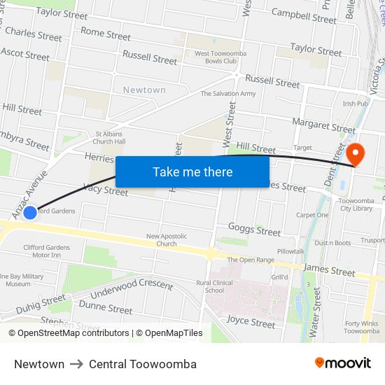 Newtown to Central Toowoomba map