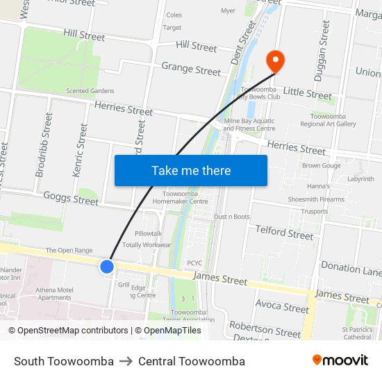 South Toowoomba to Central Toowoomba map