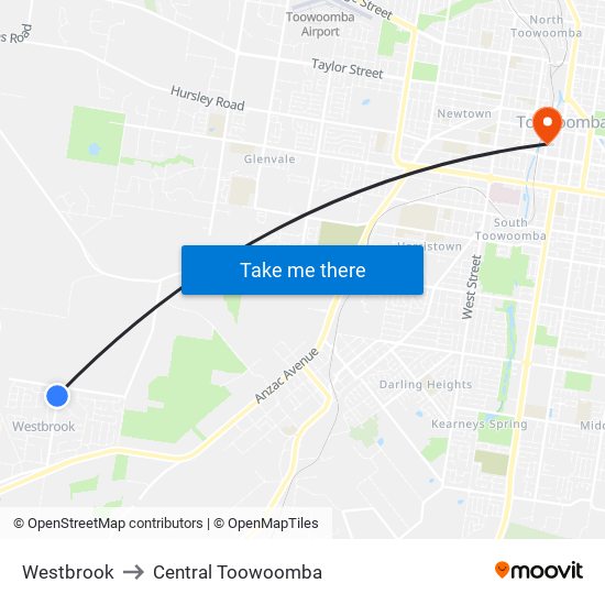 Westbrook to Central Toowoomba map