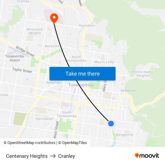 Centenary Heights to Cranley map