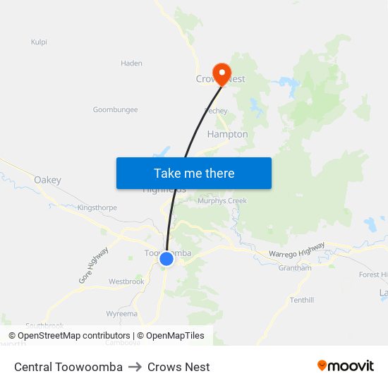 Central Toowoomba to Crows Nest map