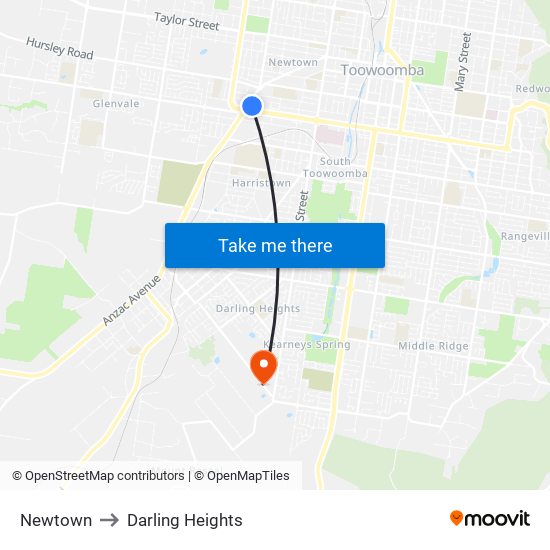 Newtown to Darling Heights map