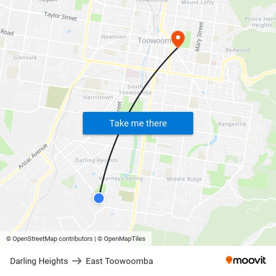 Darling Heights to East Toowoomba map