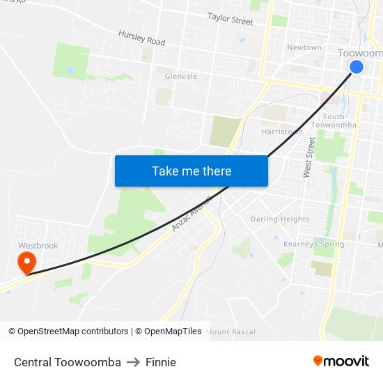 Central Toowoomba to Finnie map