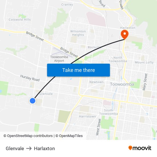 Glenvale to Harlaxton map