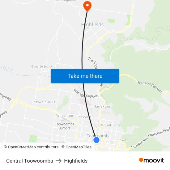 Central Toowoomba to Highfields map