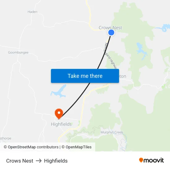 Crows Nest to Highfields map