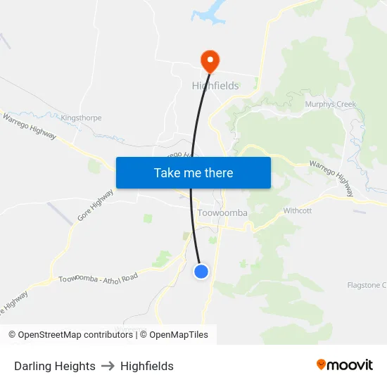 Darling Heights to Highfields map