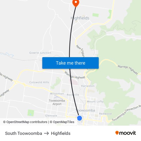 South Toowoomba to Highfields map