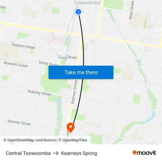 Central Toowoomba to Kearneys Spring map
