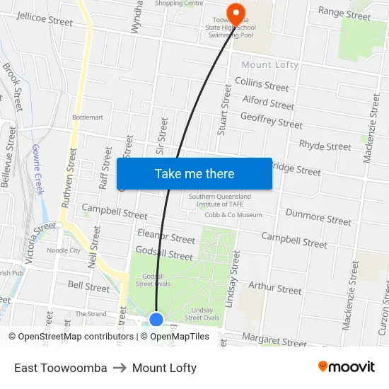 East Toowoomba to Mount Lofty map