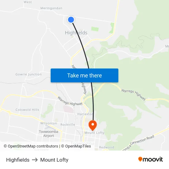 Highfields to Mount Lofty map