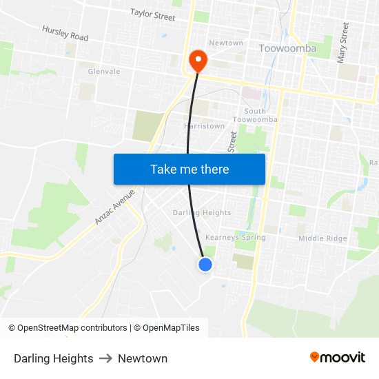 Darling Heights to Newtown map