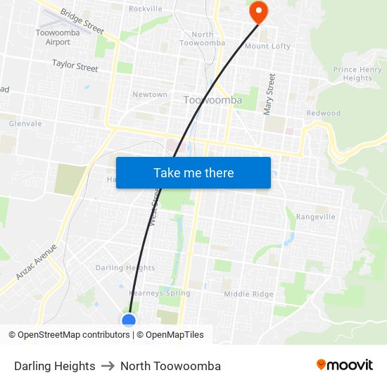Darling Heights to North Toowoomba map