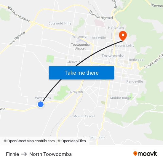 Finnie to North Toowoomba map