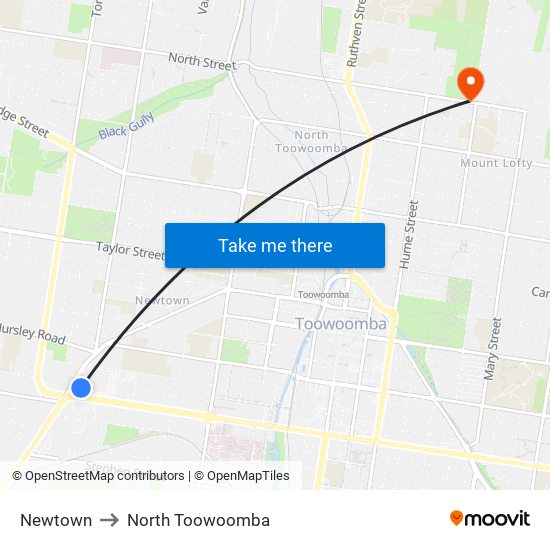 Newtown to North Toowoomba map