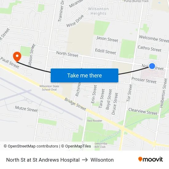 North St at St Andrews Hospital to Wilsonton map