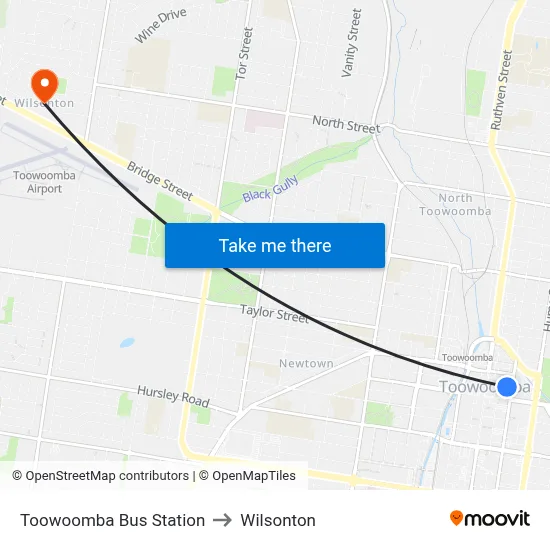 Toowoomba Bus Station to Wilsonton map