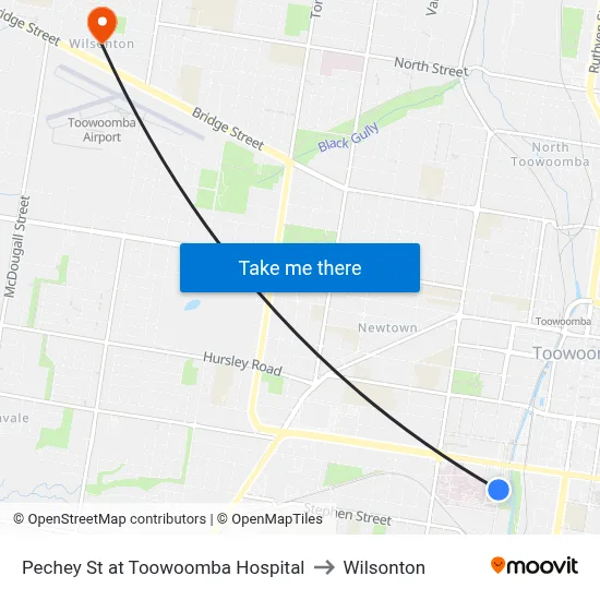 Pechey St at Toowoomba Hospital to Wilsonton map