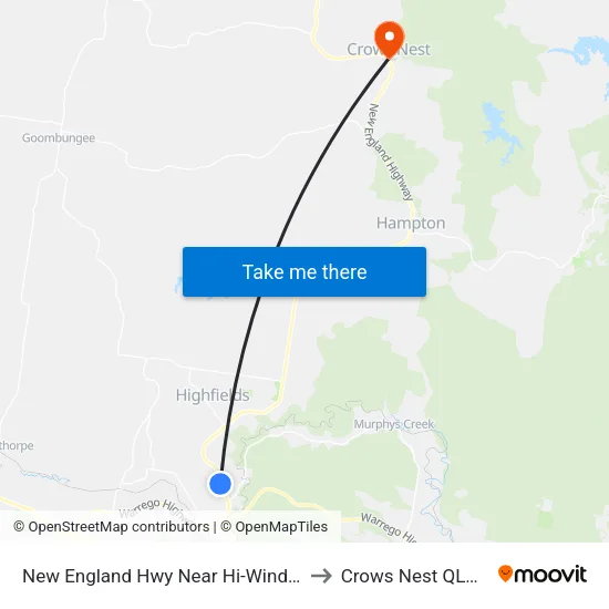 New England Hwy Near Hi-Winds Rd Hail 'N' Ride to Crows Nest QLD Australia map
