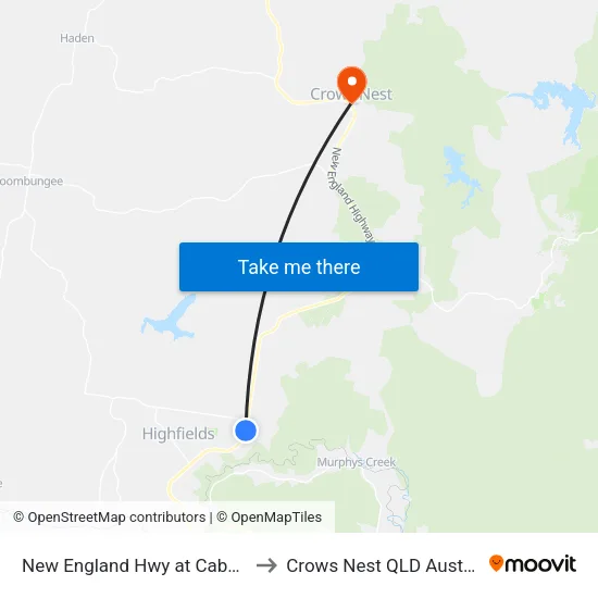New England Hwy at Cabarlah to Crows Nest QLD Australia map