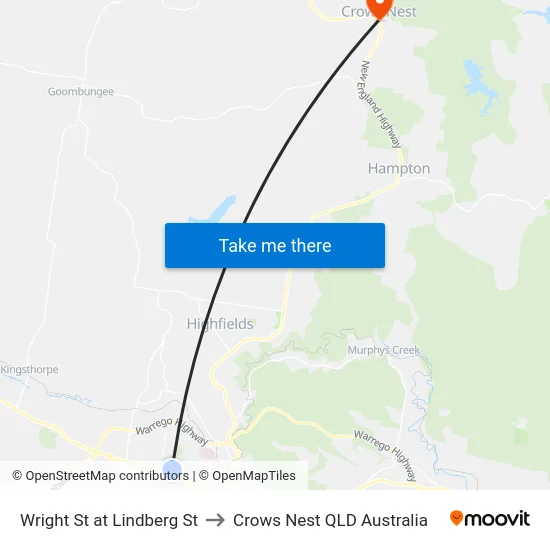 Wright St at Lindberg St to Crows Nest QLD Australia map
