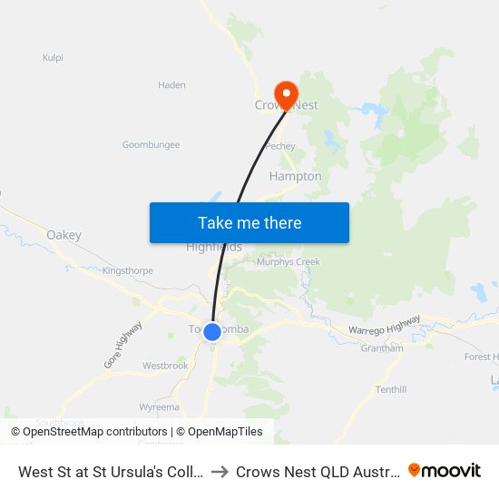 West St at St Ursula's College to Crows Nest QLD Australia map