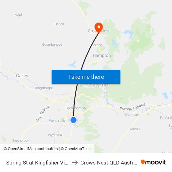 Spring St at Kingfisher Villas to Crows Nest QLD Australia map