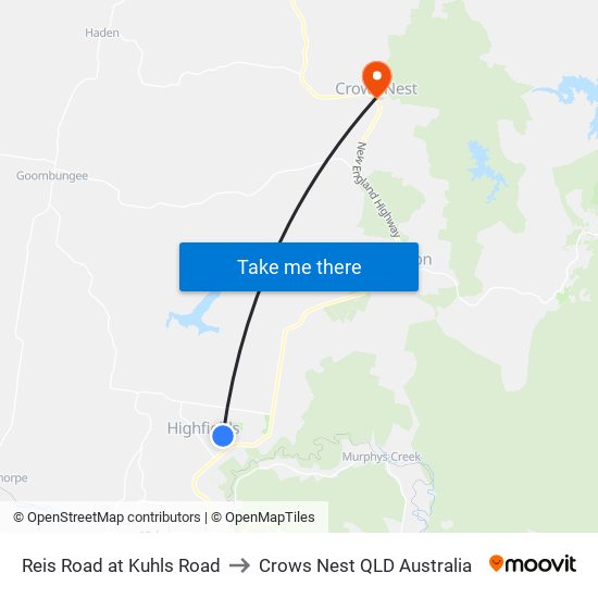 Reis Road at Kuhls Road to Crows Nest QLD Australia map