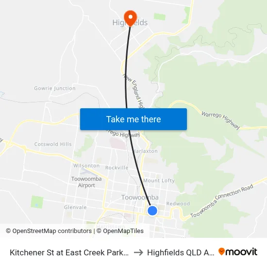 Kitchener St at East Creek Park Hail 'N' Ride to Highfields QLD Australia map