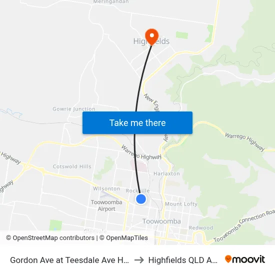 Gordon Ave at Teesdale Ave Hail 'N' Ride to Highfields QLD Australia map