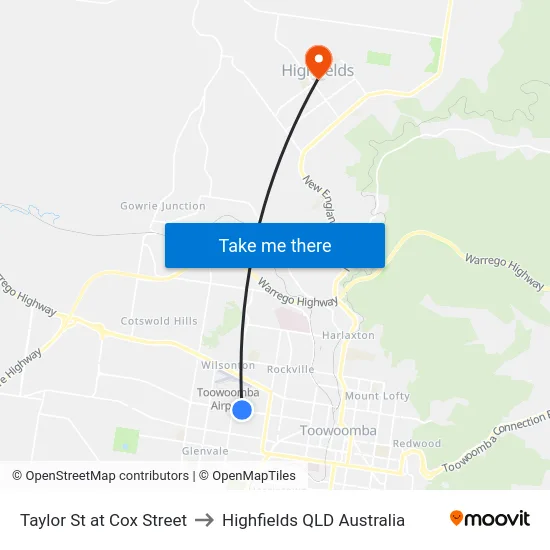 Taylor St at Cox Street to Highfields QLD Australia map