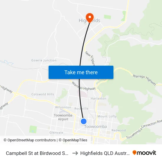 Campbell St at Birdwood Street to Highfields QLD Australia map