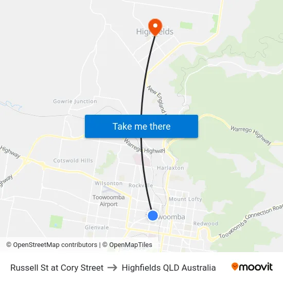 Russell St at Cory Street to Highfields QLD Australia map