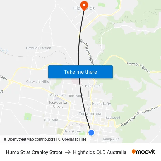 Hume St at Cranley Street to Highfields QLD Australia map