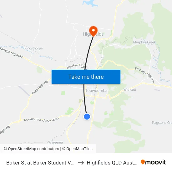 Baker St at Baker Student Village to Highfields QLD Australia map