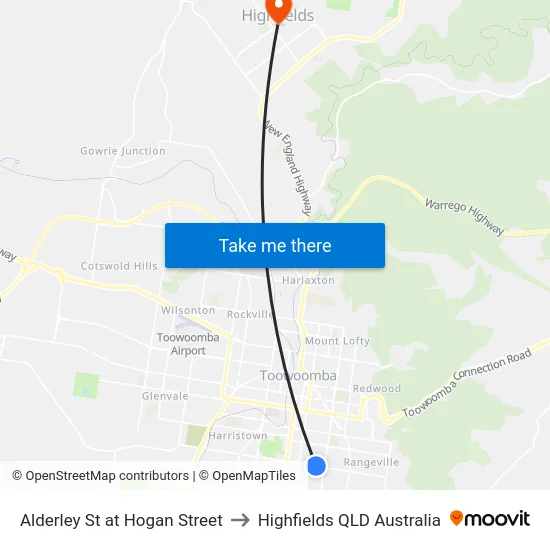 Alderley St at Hogan Street to Highfields QLD Australia map