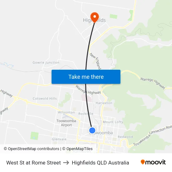 West St at Rome Street to Highfields QLD Australia map