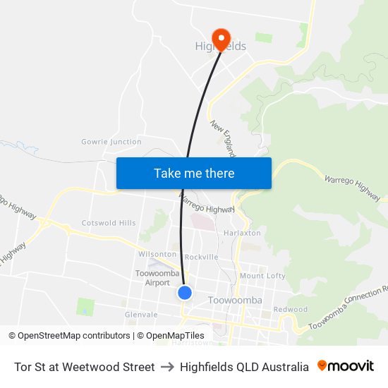 Tor St at Weetwood Street to Highfields QLD Australia map