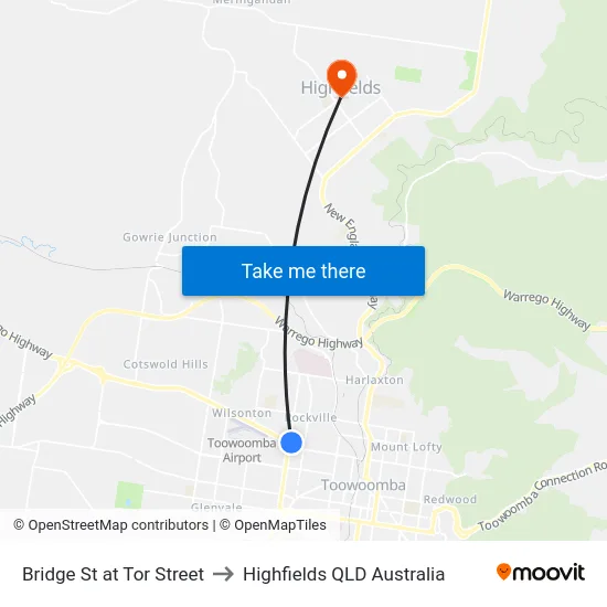 Bridge St at Tor Street to Highfields QLD Australia map